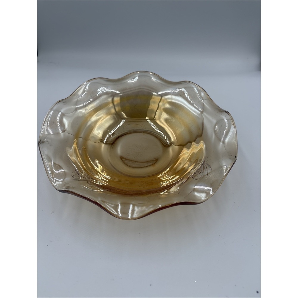 Vtg Carnival‎ Glass Amber Marigold Iridescent 12" Bowl Scalloped Edge